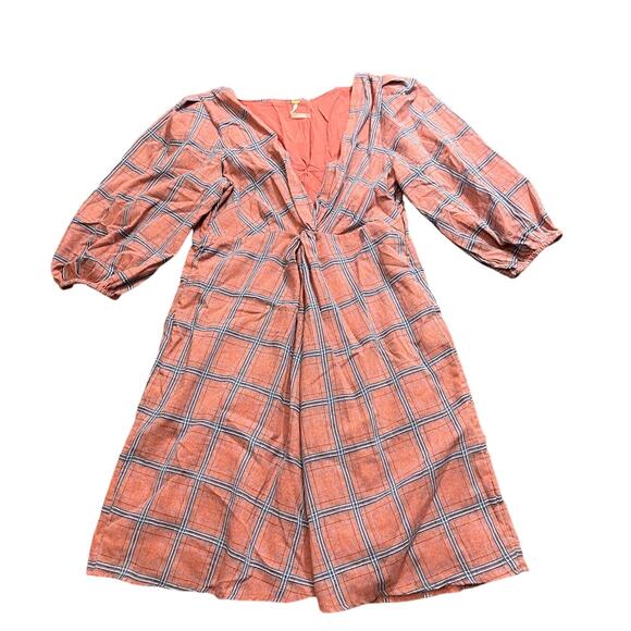 Free People Miss Molly Red and Blue Plaid Deep V Neck Dress Size‎ 4 - Picture 2 of 11